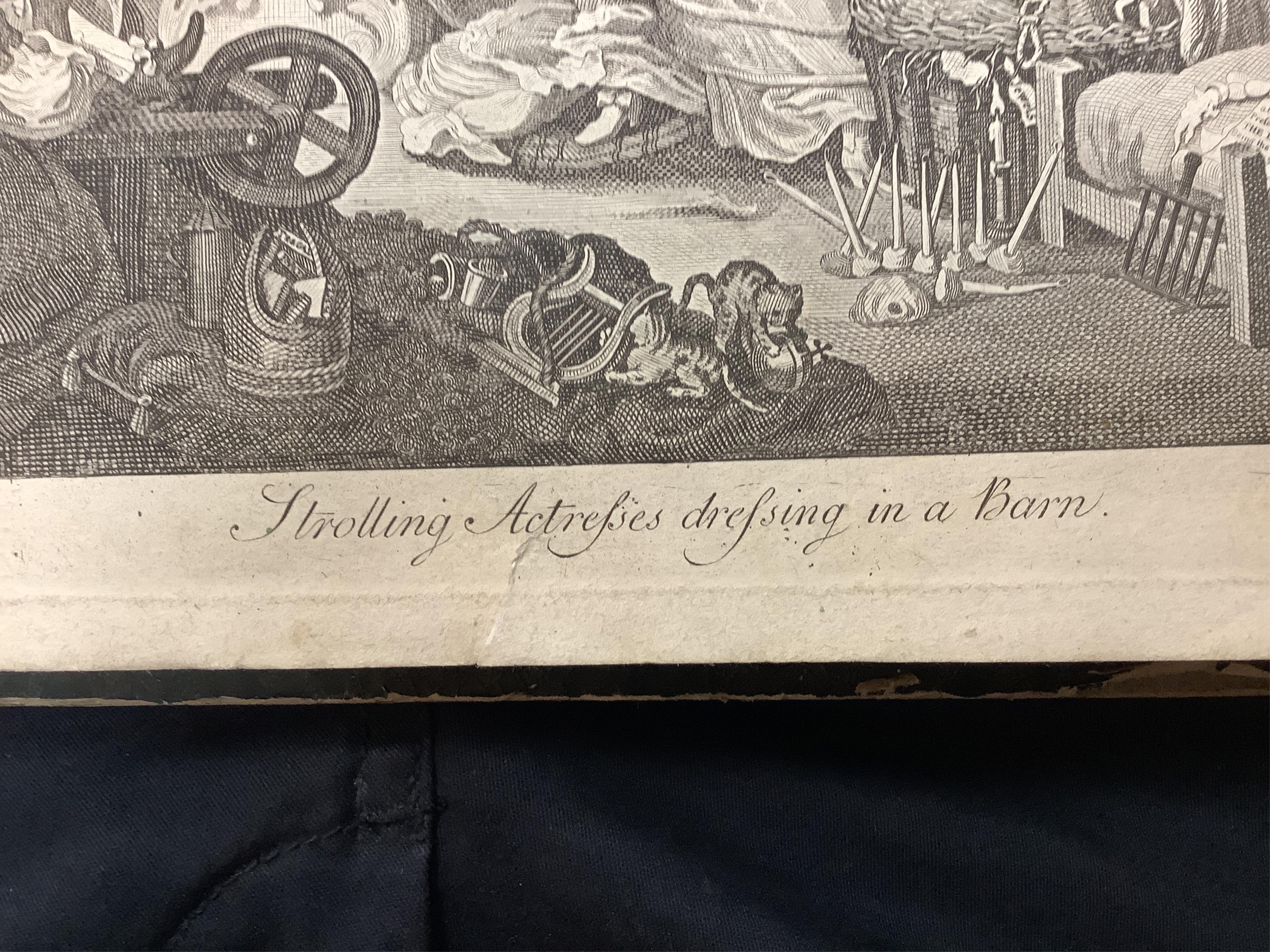 An album of 18th century and later etchings after William Hogarth (1697-1764), to include 'The Reward of Cruelty', 'Strolling Actresses Dressing in a Barn' and 'The Company of Undertakers', with handwritten ink itinerary